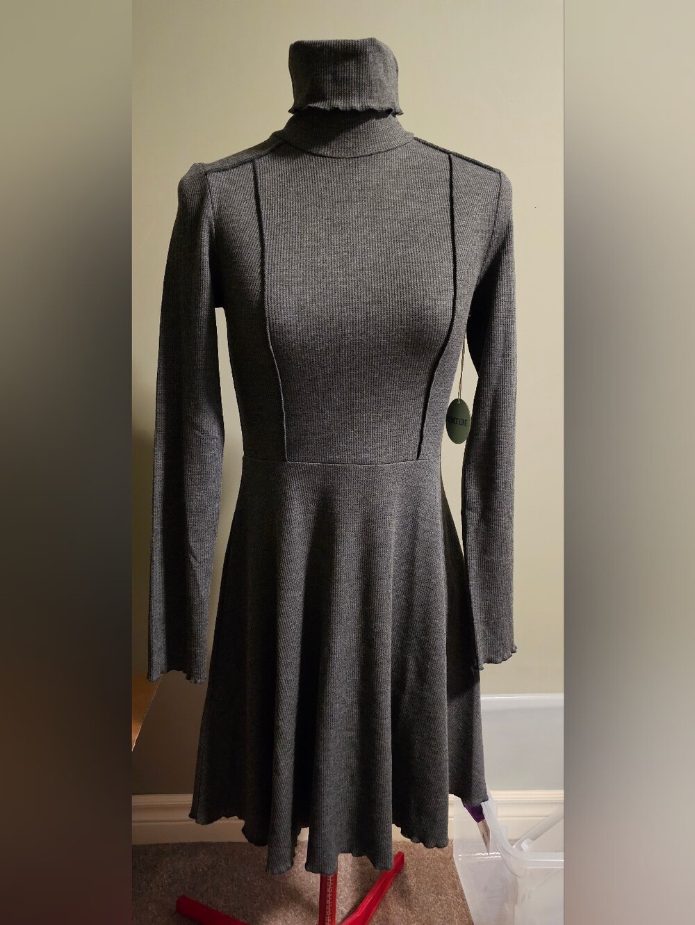 Turtleneck Fit-and-Flare Knit Dress in Charcoal Gray